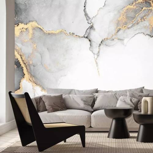 Fotobehang Grijs marmer met gouden accenten