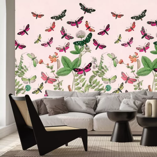 Fotobehang Kleurrijke vlinders tussen groene bladeren