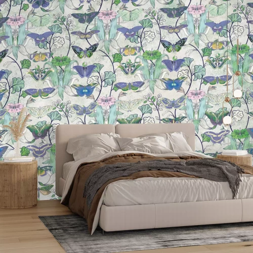 Fotobehang Patroon met vlinders en planten