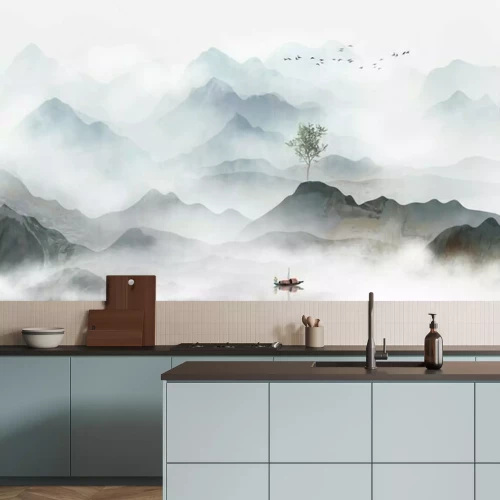 Fotobehang Een delicaat berglandschap in de mist in artistieke stijl