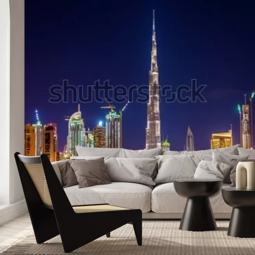 Fotobehang Night view of Dubai Downtown with Burj Khalifa