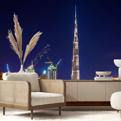 Fotobehang Night view of Dubai Downtown with Burj Khalifa