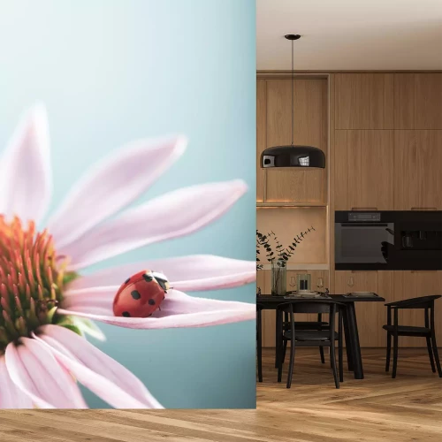 Sticker Lieveheersbeestje op een roze bloemblaadje