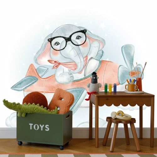 Sticker Olifant met bril vliegt in een vliegtuig