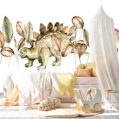 Sticker Aquarel dinosaurus tussen tropische bladeren