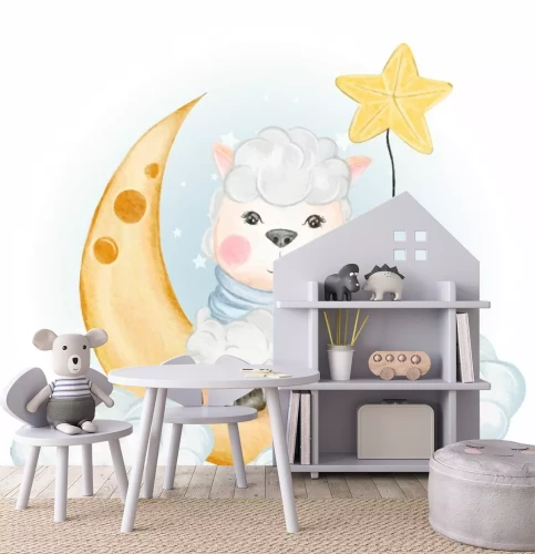 Sticker Schapen op de maan tussen pluizige wolken