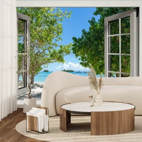 Fotobehang Raam met uitzicht op een tropisch strand en de zee