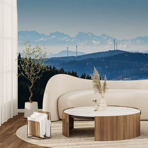 Fotobehang Windkraft im Südschwarzwald mit Alpenpanorama