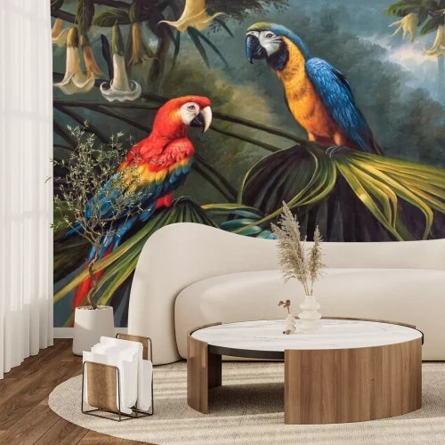 Fotobehang Papegaaien zitten op een tak in de jungle