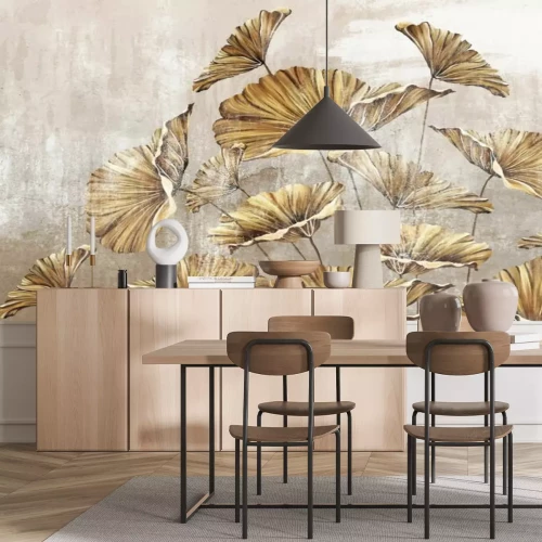 Fotobehang Gouden bloemen met uitgespreide bloemblaadjes op een betonnen achtergrond