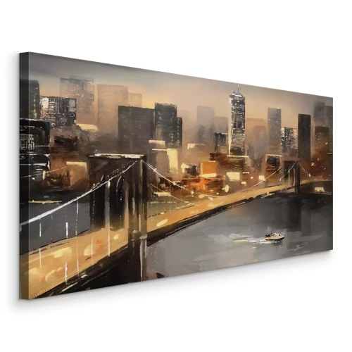 Canvas oil painting on canvas - view of New York, river and bridge. modern abstract Artwork, Painting American city, urban illustration