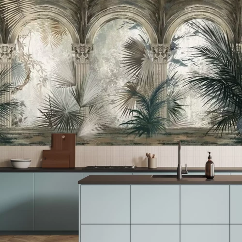 Fotobehang Kolommen en boogarchitectuur tegen een achtergrond van exotische vegetatie