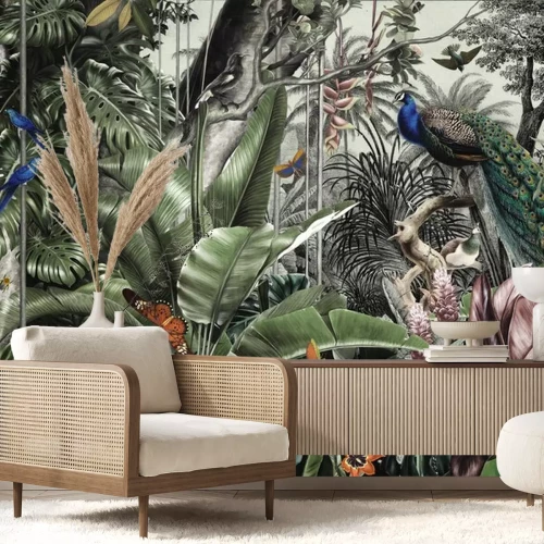 Fotobehang wallpaper jungle and tropical forest flamngo and tropical birds, old drawing vintage peacock
