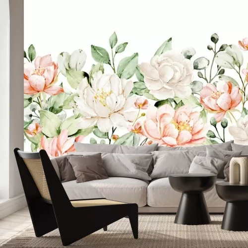 Fotobehang Witte en abrikozenpioenen