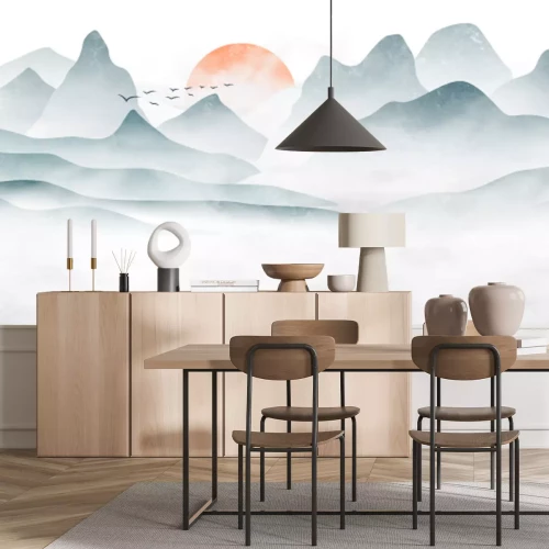 Sticker Aziatische bergen zonsondergang