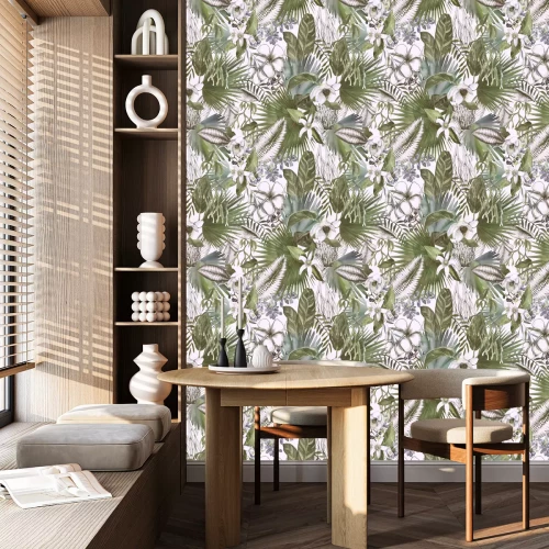 Behang Tropical black and white print with watercolor color spots. Tropical background with flowers and leaves.