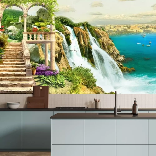 Fotobehang Abstract uitzicht met een kasteel en een zeegezicht