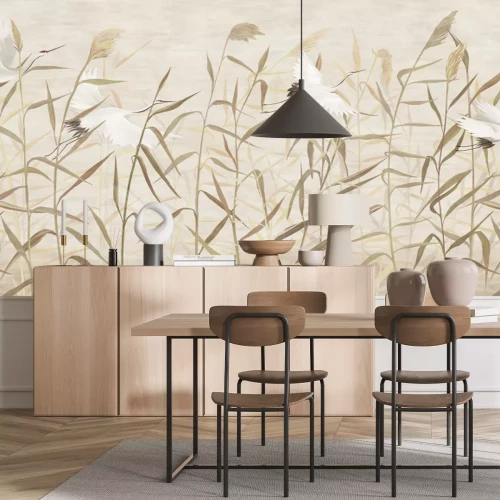 Fotobehang Vogels vliegen over een beige weide