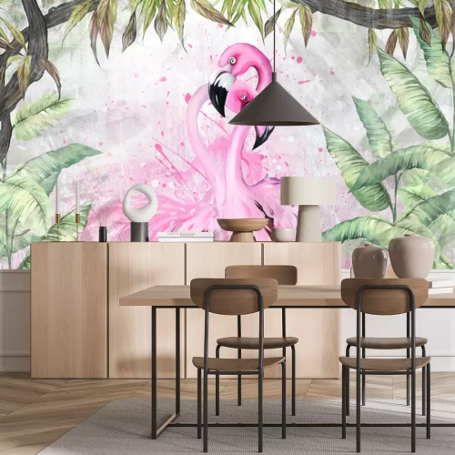 Fotobehang Roze flamingo's tussen grote tropische bladeren