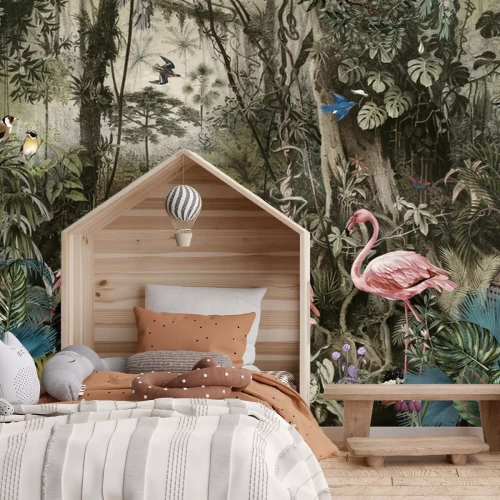 Fotobehang Flamingo's in een tropisch woud