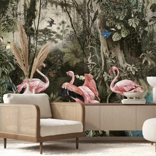 Fotobehang Flamingo's in een tropisch woud