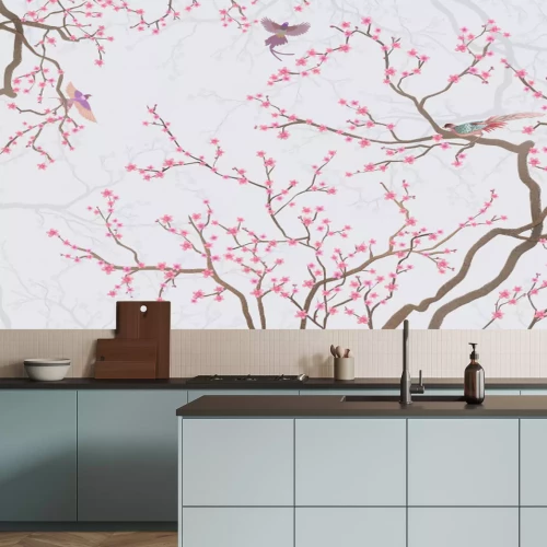 Fotobehang Kersentakken met bloemen en vogels