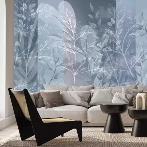 Fotobehang Bladeren in grijze en blauwe kleuren