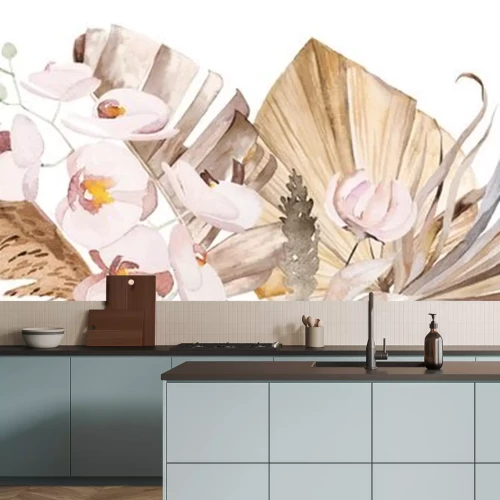 Sticker Watercolor Bohemian border with dried leaves and tropical flowers illustration