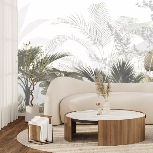 Fotobehang Grijsbeige 3D tropische bladeren
