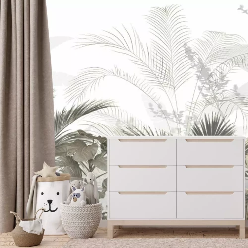 Fotobehang Grijsbeige 3D tropische bladeren