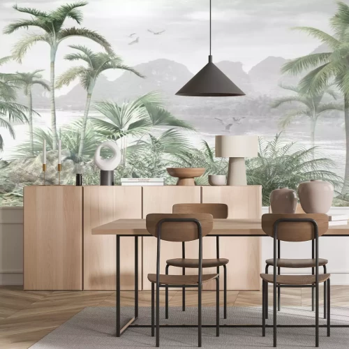 Fotobehang Tropisch landschap met palmbomen en een rivier