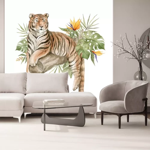 Sticker Een tijger die op een boomstam rust