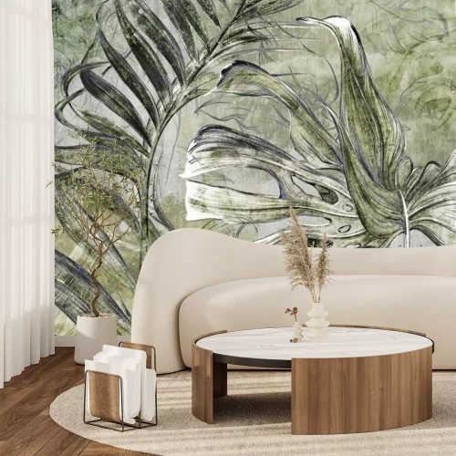 Fotobehang Abstracte tropische bladeren op beton