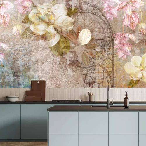 Fotobehang Design for mural, wallpaper, photo wallpaper, card, postcard. Floral background. Magnolia, jasmine flowers illustration.