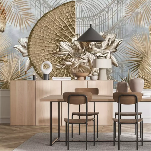 Fotobehang Graphic illustration of a greenhouse. Floral wallpaper with exotic jungle leaves and water lilies.  Abstract botanical design for photo wallpaper, wallpaper, mural, card.