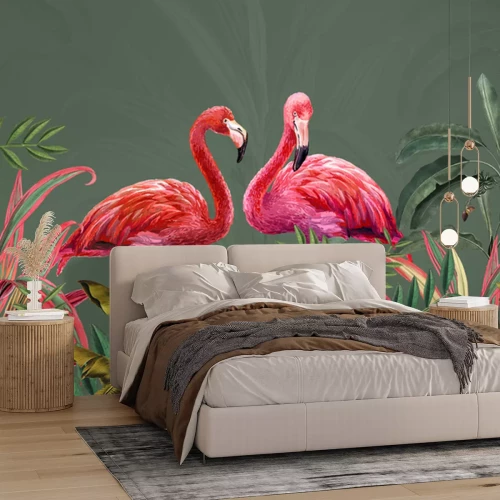 Fotobehang Tropical Leaf Mural. Photo Wallpaper. Wall Art decor for Bedroom Murals Wall Paper. Drawing with tropical leaves and pink flamingos.