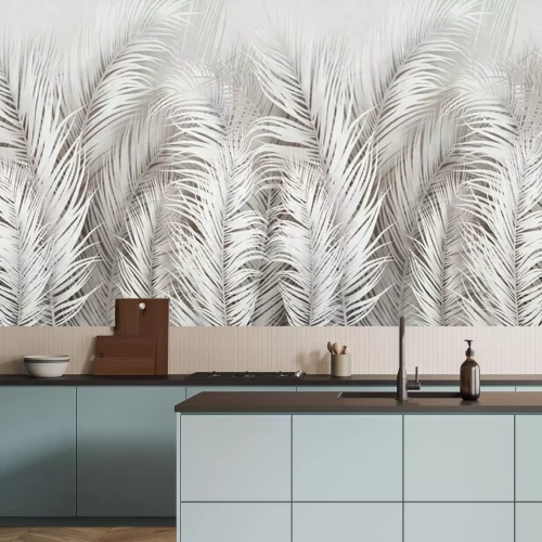 Fotobehang Elegant grijs tropisch bladpatroon