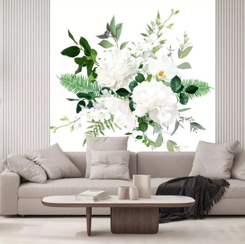 Sticker Witte pioenrozen tussen groene bladeren