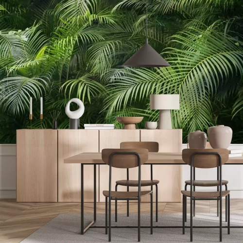 Fotobehang Botanische achtergrond met groene palmbladeren