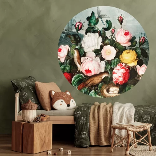 Sticker Ronde vintage illustratie met bloemmotief