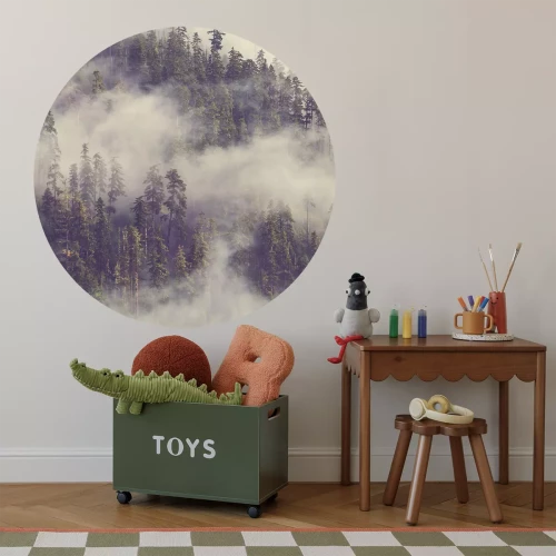 Sticker Rond frame van een hoog bos in mist