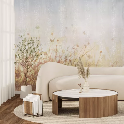 Fotobehang Wilde bloemen en vlinders op een weideachtergrond, retro-illustratie