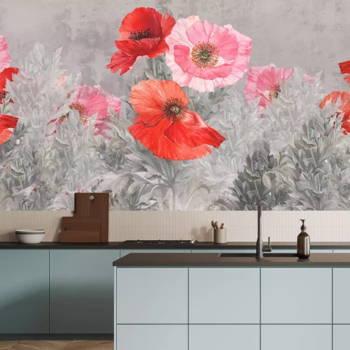 Fotobehang Sappige rode papaver bloemen in een open plek