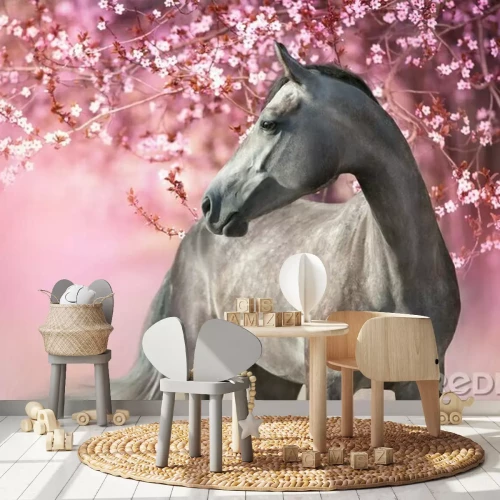 Fotobehang Een veulen bij een bloeiende kersenboom