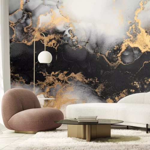 Fotobehang Aquarelmarmer met zwarte en gouden kleur