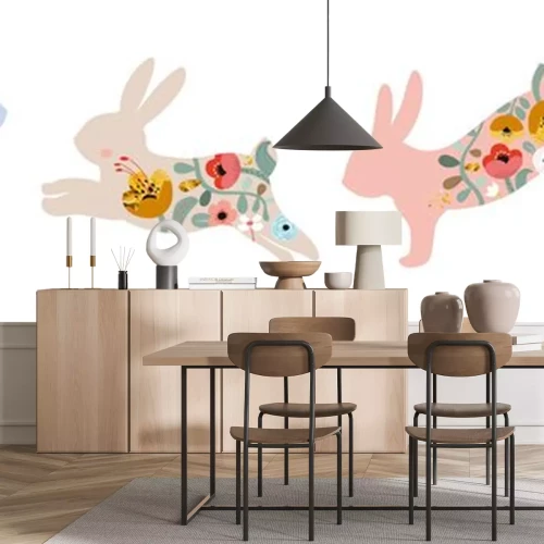 Sticker Verschillende gekleurde silhouetten van konijnen met bloemen