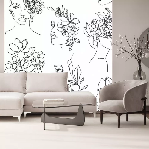 Sticker Zwarte en witte vrouwelijke gezichten met bloemen