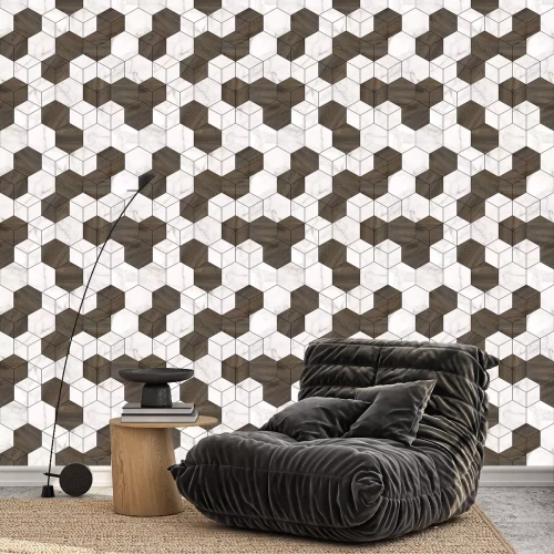 Behang Geometrisch patroon met marmeren en houten elementen