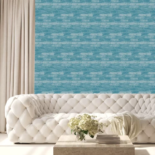 Behang Blauw patroon met baksteen