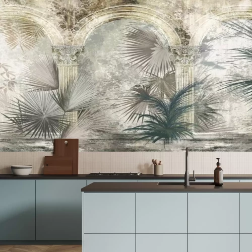 Fotobehang Kolommen en exotische palmbladeren